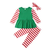 Спортивный костюм для маленьких девочек, полосатые топы, платье, штаны, Рождественская одежда для малышей