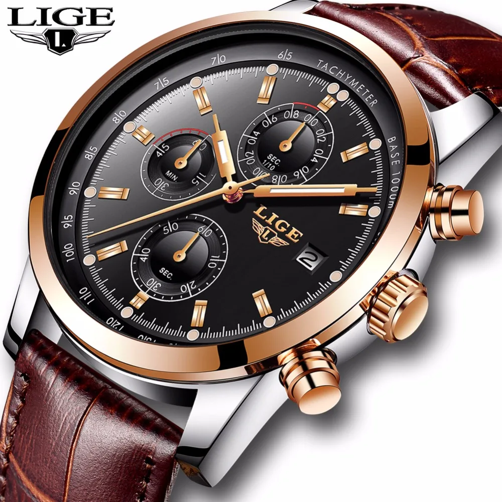 

LIGE Mens Watches Top Brand Luxury Leather Casual Quartz Watch Men Military Sport Waterproof Clock Gold Watch Relogio Masculino