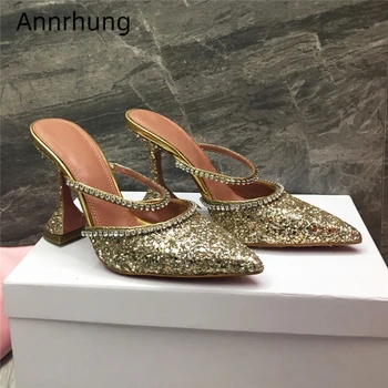 

Bling Gold Silver Sequins Runway Mules Sexy Pointed Toe Goblet Heel Jeweled Rhinestone High Heel Slippers Women Zapatos Mujer