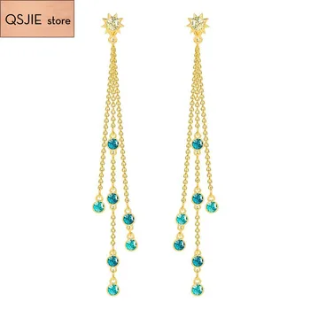 

High quality SWA new sparkling tassel with blue crystal earrings and a noble ear stud earrings