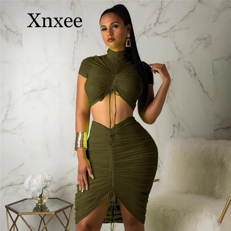 2020 dancing Neck Neon Pleated Crop Top Skirt Sets Women Party Casual 2 Piece Set Short Sleeve Tee & Tube Skirt Matching Sets