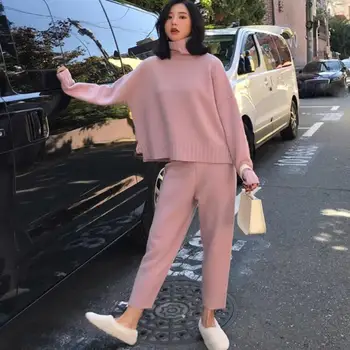 

New Women Fall Winter Sweaters 2 Piece Set Solid Turtleneck Pullover And Pants Set Female Casual Warm Knitted Suits