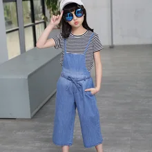 Г. Осенний комбинезон для девочек, корейский стиль, полосатая футболка ковбойские брюки, комплект, стильный Детский комплект из двух предметов
