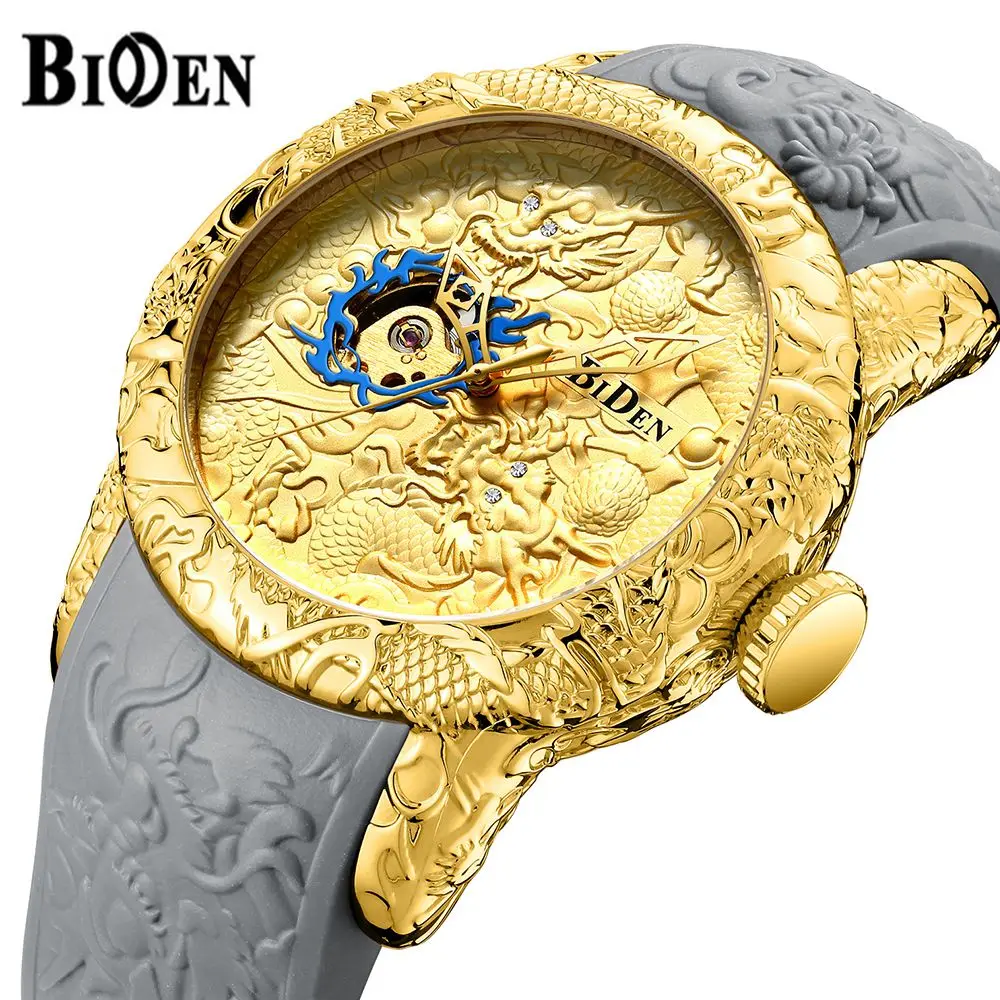 Мужские s часы BIDEN Золотая скульптура дракона автоматические механические часы мужские роскошные силиконовые водонепроницаемые спортивные часы