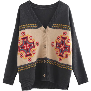 

Spring Autumn Women's Button Knitted Cardigans Sweater V Neck Vintage Art Print Casual Plus Size Outwear Jacket Coat Blouse Tops