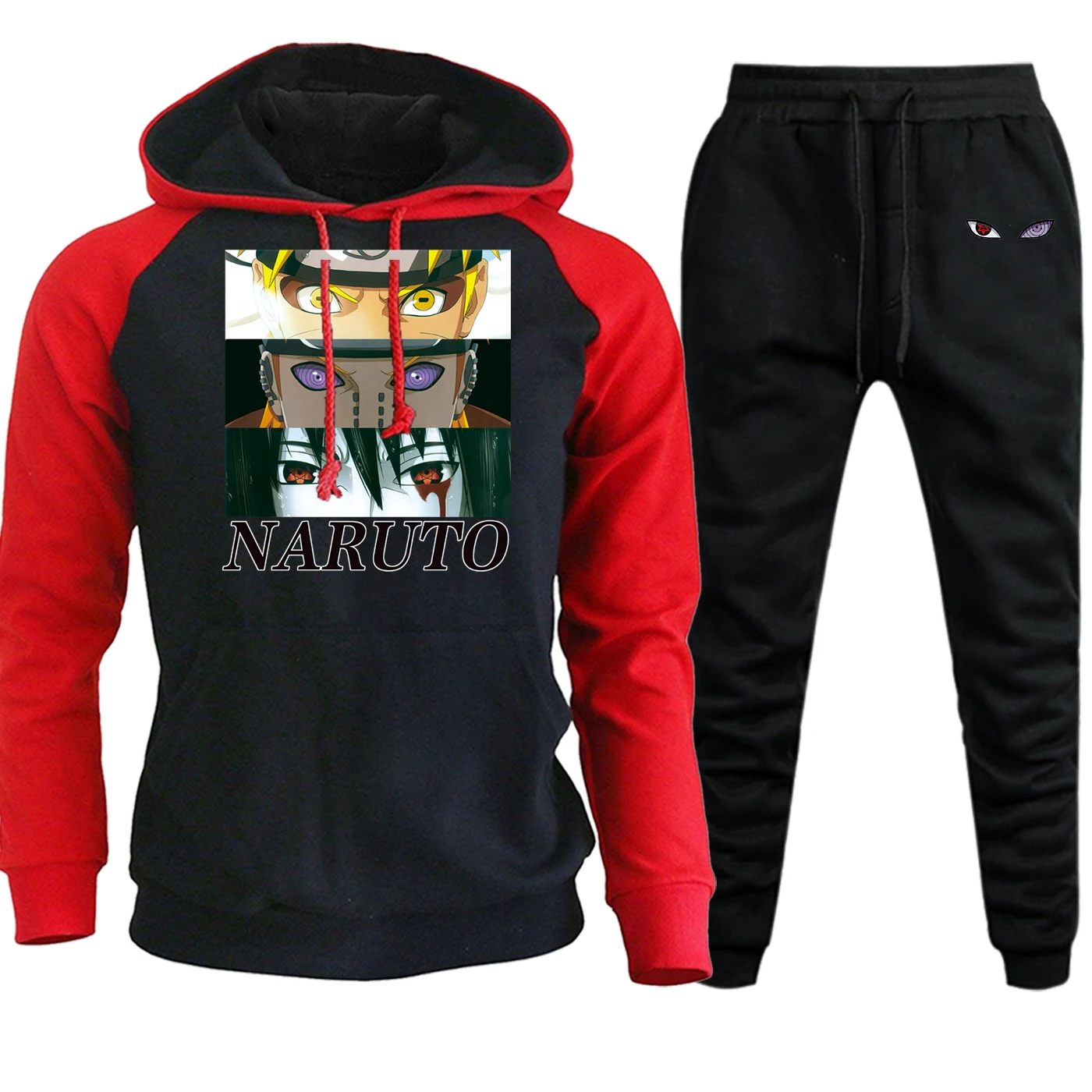 Autumn Winter Naruto Cartoon Printed Hoodies Men Ragan Streetwear Anime Harajuku Fleece Suit Male Hooded+Pants 2 Piece Set - Цвет: red black6