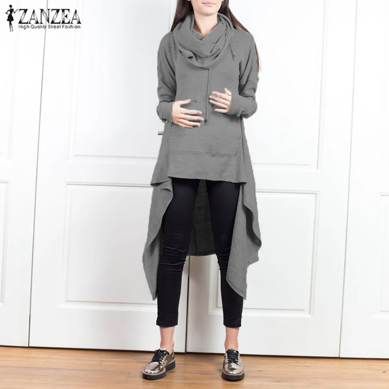 

New ZANZEA Women Autumn Sweatshirt 2019 Fashion Turtleneck Asymmetrical Long Pullovers Hoodies Pockets Solid Womens Sweatshirts