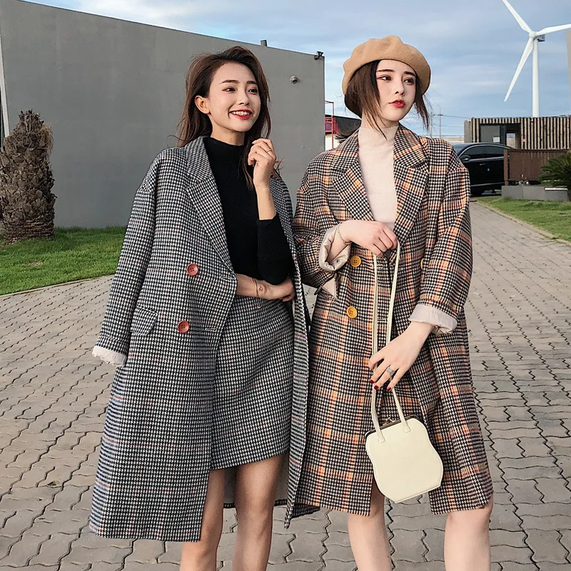 

2019 Autumn And Winter New Style South Korea Retro Hong Kong Style Mid-length Popular Plaid Suit Woolen Jacket Overcoat