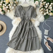 Teeuiear vintage botón cuello pico plaid estampado midi vestido verano fiesta volantes vestido de oficina mujeres de alta cintura rodilla longitud vestidos