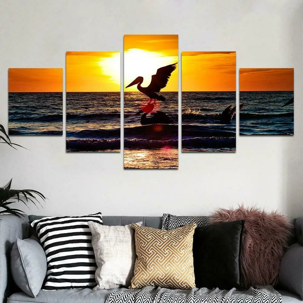 

Pelican Sunset Ocean Nature 5Pcs Modern Home Wall Decor Canvas Picture Art HD Print Painting On Canvas for Living Room No Framed