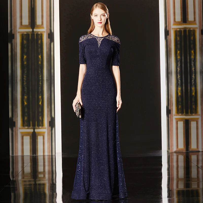 NavyBlue BacklakeGirls, кружевное вечернее платье с круглым вырезом, короткие рукава Русалка, официальное вечернее платье на молнии сзади, Vestido De Noche Corto - Цвет: NavyBlue