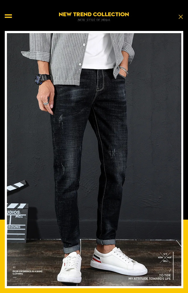Осень и зима стиль джинсы мужские корейский стиль Slim Fit тренд Молодежные мужские зауженные повседневные брюки эластичные ковбойские длинные брюки