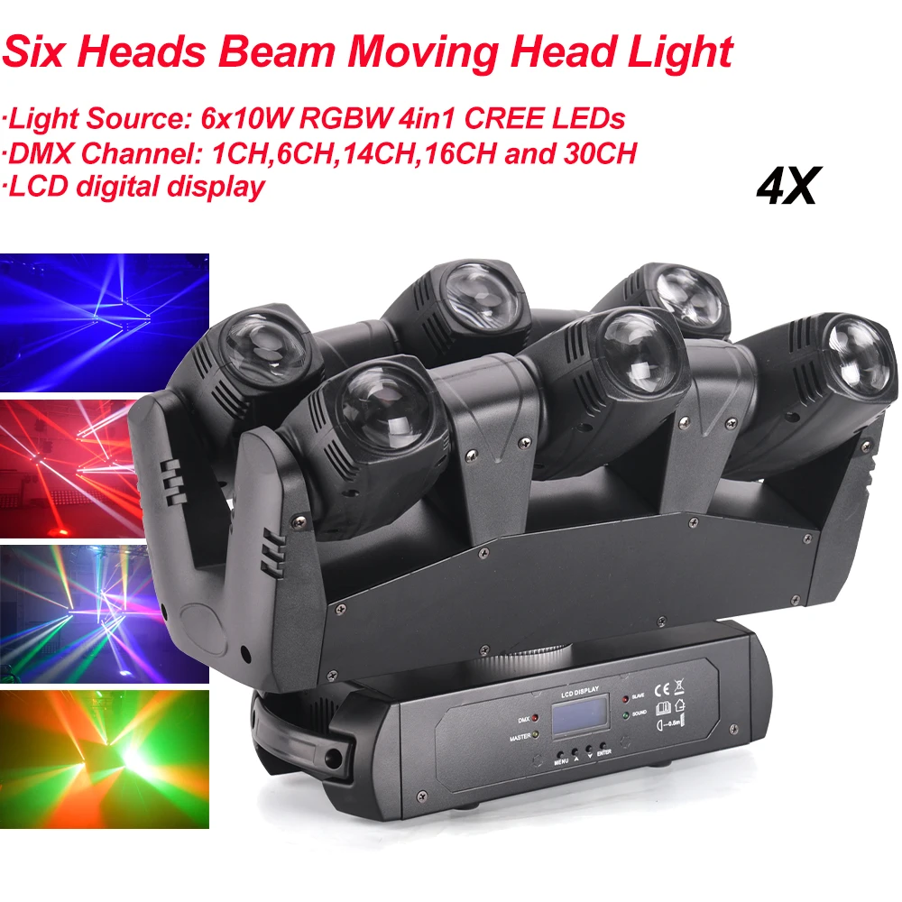 4Pcs/Lot 110W LED RGBW 4IN1 Six Heads Beam Moving Head Light DMX512 Beam Wash Light DJ /Bar /Party /Show /Stage Light