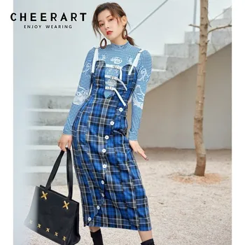

CHEERART Plaid Deep V Neck Spaghetti Strap Bandage Dress Women Blue Summer Oblique Button Backless Bodycon Dress 2020