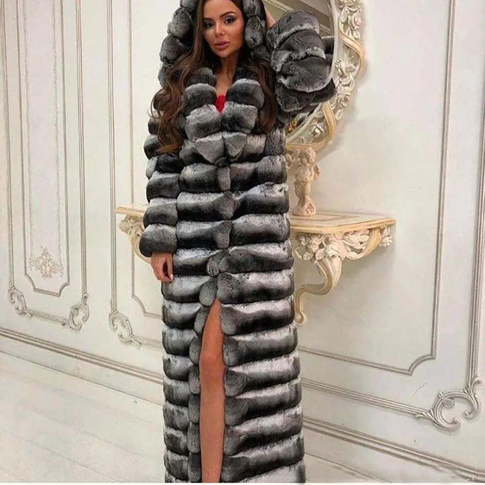 130cm long hood 130 см длинные Роскошная зимняя куртка Для женщин реальные шубы из меха натурального шиншилла кролик рекс природный натуральный мех пальто - Цвет: 130cm long hood