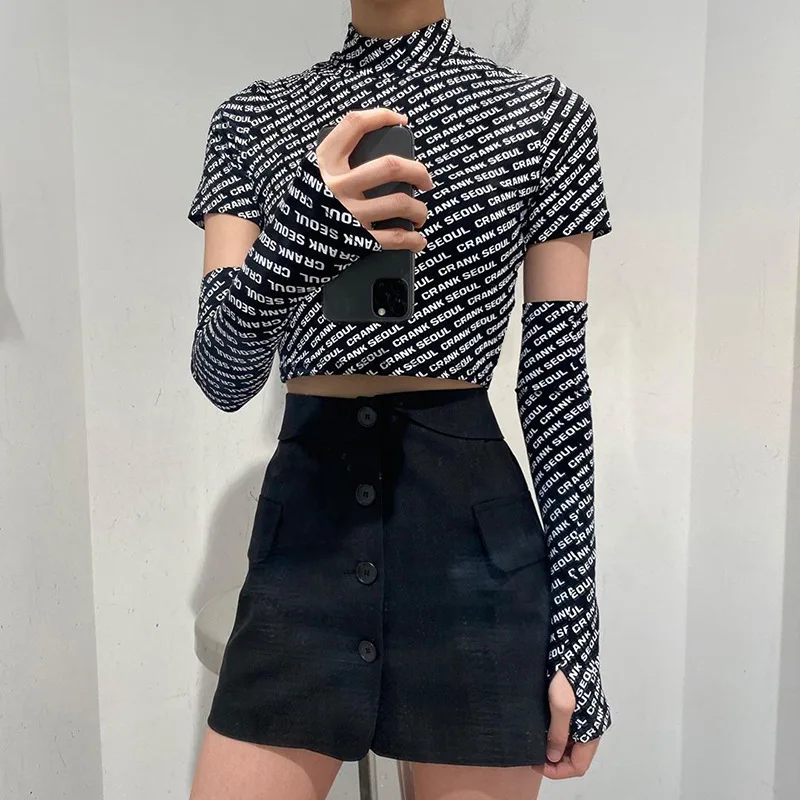 

Street Spring/Summer Shirt Fashion Short-sleeved Navel Lettering Retro Trend O-Neck Plus Set Thumb Cuff Y2k Aesthetic Harajuku