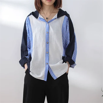 

Spring Autumn Striped patchwork Linen Blouses Tops Hoodies Blouse Women Long Sleeve Shirt Female Clothing Blusas Chemise Femme