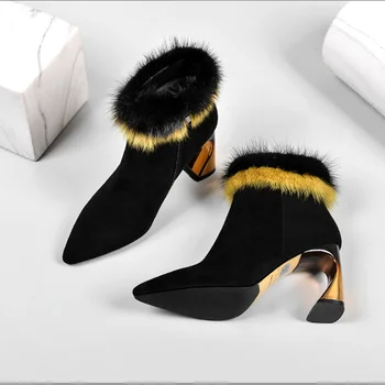 

Black Yellow Mink Fur Trim Embellished Ankle Boots Strange High Heel Pointed Toe Suede Leather Boots Formal Shoes Women