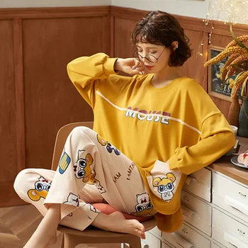 

Casual Outdoor Sleepwear Winter Warm Pajamas for Women Cute Green Gartoon Little Dinosaur Pajamas Long Sleeve Cotton Homewear