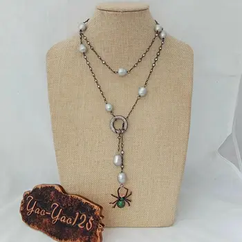 

37" cultured Grey Rice Pearl Chain Loop Necklace CZ Pave Spider Pendant