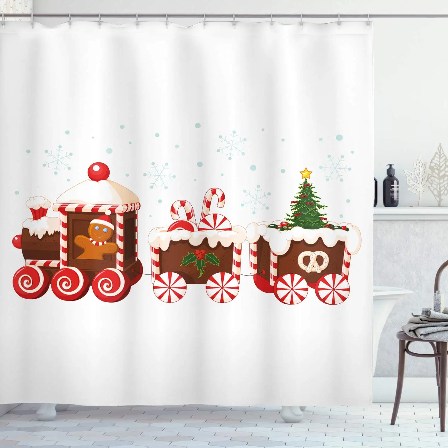 Christmas Shower Curtain Train with Gingerbread Cream Candy Cartoon Toys Snowflakes Presents Bathroom Decor Set | Дом и сад