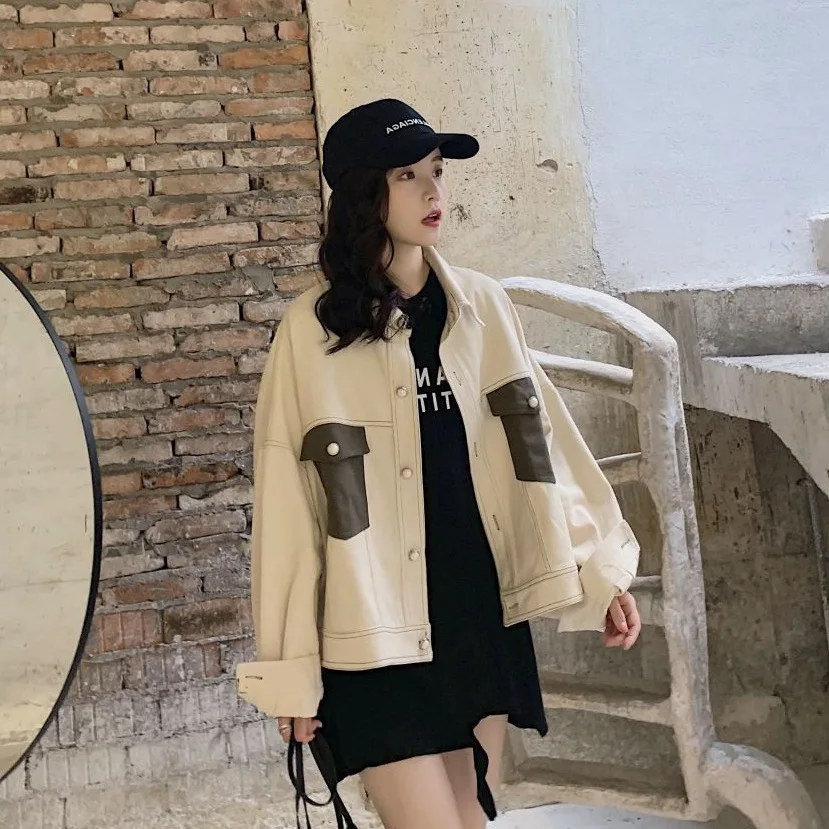 

Photo Shoot CHIC Off-white Open Wire Contrast Color Fold-down Collar Single Breasted Short-height College Style Loose Cowboy Sho
