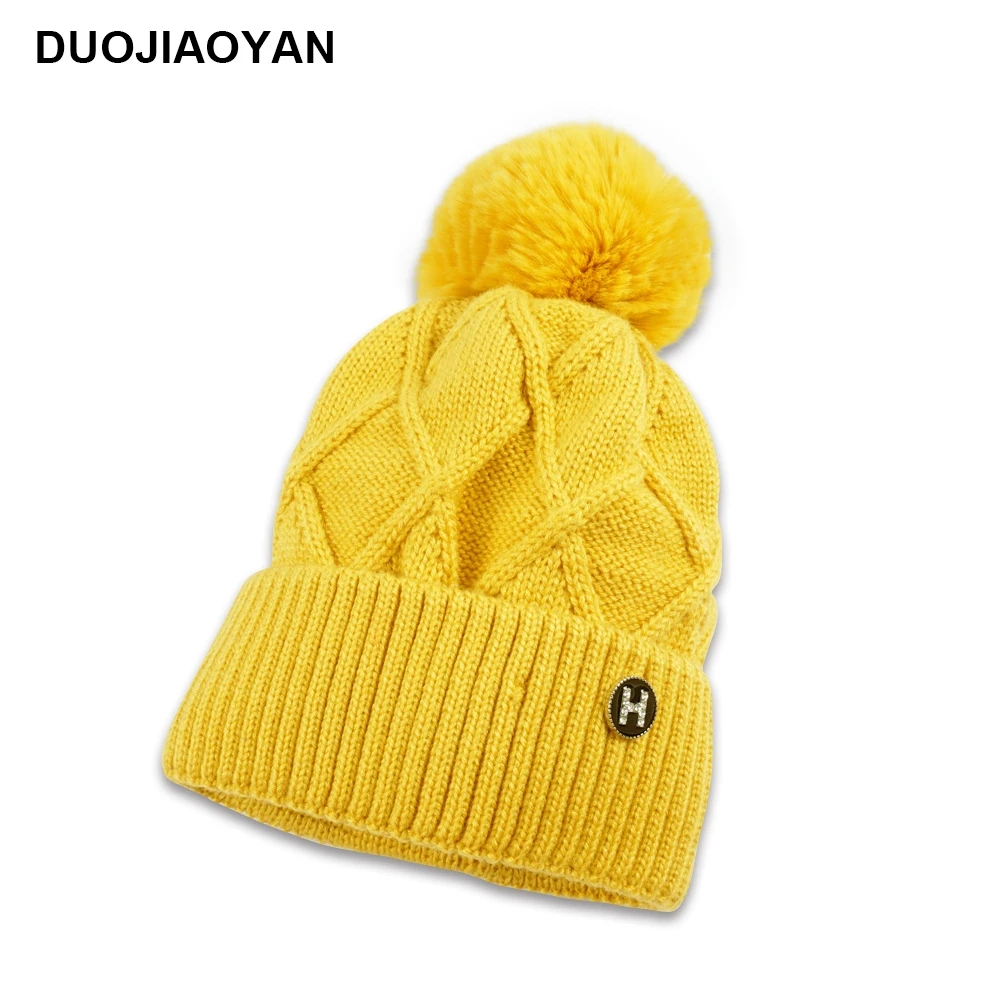 DUOJIAOYAN осенне-зимняя женская шерстяная шапка, теплая шапка с защитой ушей, одноцветная шапка, пуловер, головной убор, утолщенная плюшевая вязаная шапка - Цвет: TM6-4