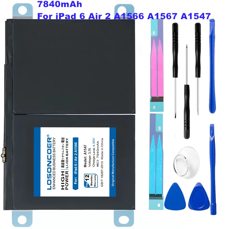

LOSONCOER A1547 7840mAh Battery For Apple iPad 6 Air 2 A1566 A1567 High Capacity Lithium Polymer Bateria Battery~In Stock