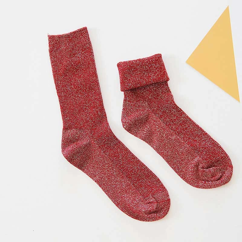 Burgundy red Зимние хлопковые однотонные блестящие Женские Простые Носки модные художественные складные женские студенческие толстые теплые носки блестящие металлические линии, модные носки - Цвет: Burgundy red