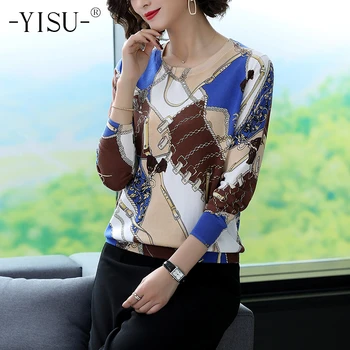 

YISU Autumn Women Sweater Long sleeve O neck Knitted Pullovers Geometric chain Printed sweater Female Jumper Casual sweater