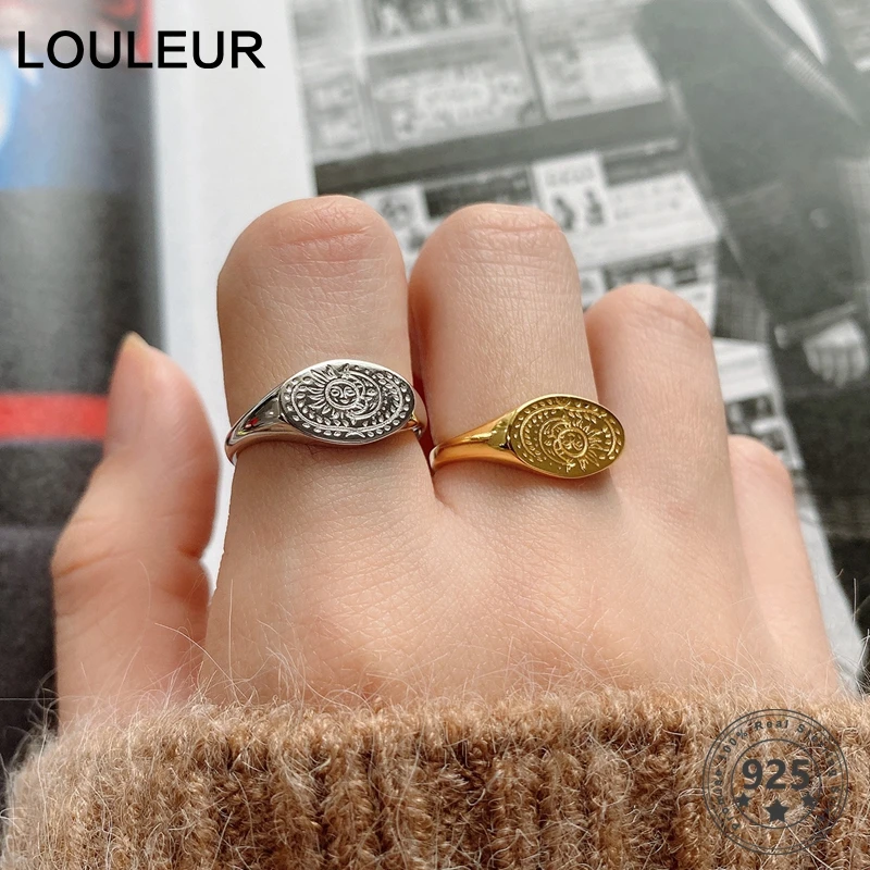 

LouLeur Hot Sale S925 Sterling Silver Ring for Women Minimalist Moon and Sun Adjustable Open Ring Silver Luxury 925 Fine Jewelry