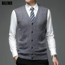 

Top Quality 6% Wool New Autum Fashion Brand Plain Deep V Neck Cardigan Sweater Knit Vest Men Sleeveless Casual Men Clothing