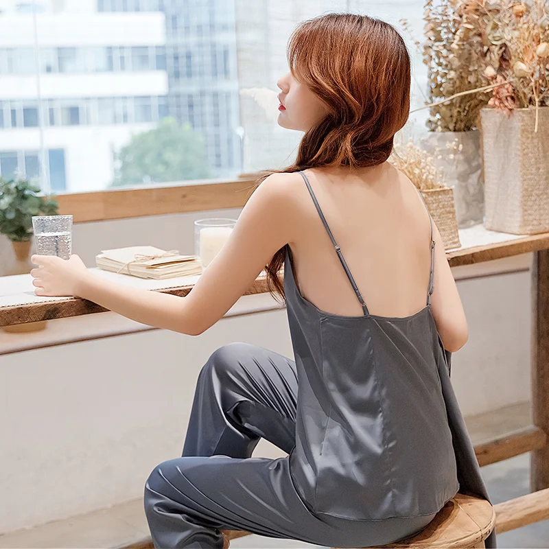 Sleepwear Female Spring Summer Autumn Ice Silk Long Sleeve Sleeprobe Sling Top Pants 3-Pieces Sexy Lace Pajama Sets X1931
