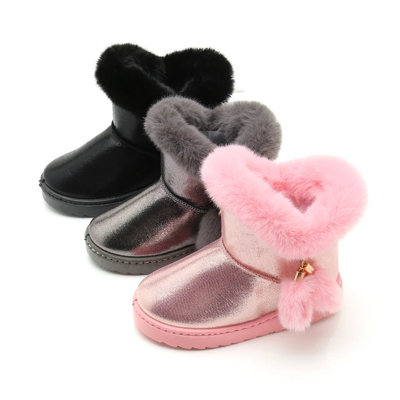 Enfants fille bottes de neige imperméable enfants coton botte épaissir caoutchouc anti-dérapant semelle couleur unie mignon boule de fourrure SSJ041