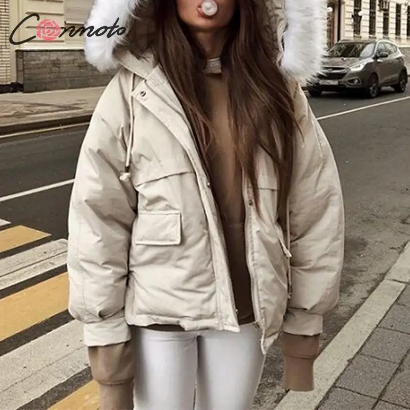 Conmoto/женские зимние теплые куртки-пуховики с меховым воротником 2019 одноцветные