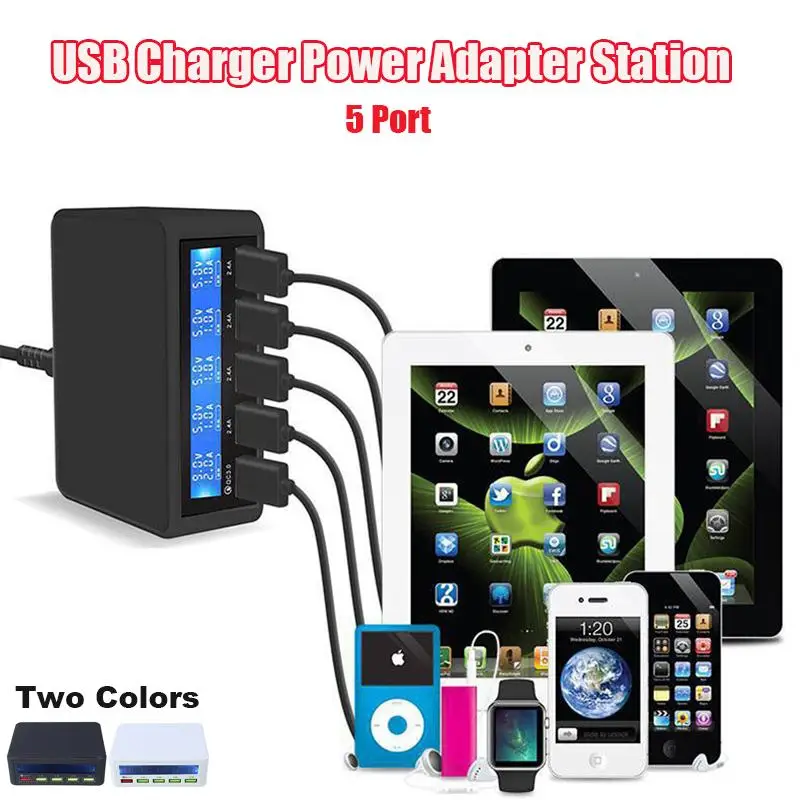 AC100-240V Quick Charge 3.0 Smart 5 Port USB Charger Multi USB Charging Docking Station Power Adapter Lcd Display Station