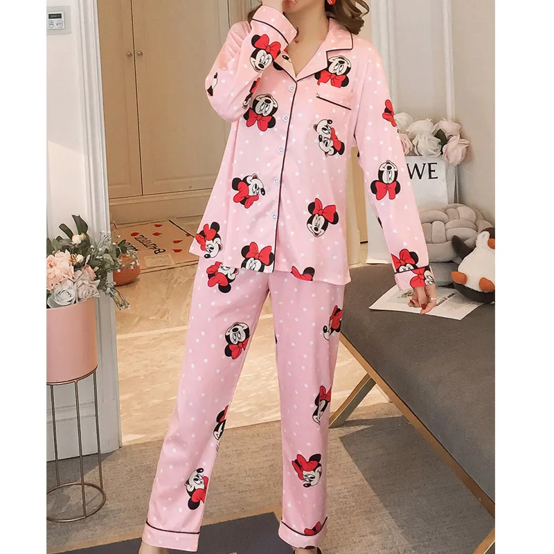 Женский пижамный комплект с Микки Маусом, одежда для сна для девочек, пижама с Минни Маус, Длинные пижамы для женщин, женский костюм, комплект одежды, одежда для сна - Цвет: Розовый