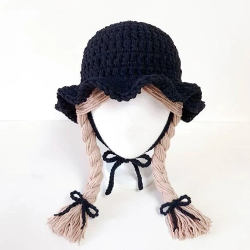 Winter Soft Warm Cute Wig Big Braid Kids Girls Princess Hat Baby Children Knitted Hat Birthday Christmas Party 48-52cm Hot accessoriesdoll baby accessories Baby Accessories