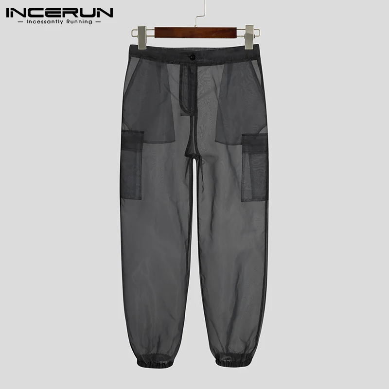 INCERUN Men Mesh Sleep Bottoms 2024 Lace Transparent Drawstring Sexy Homewear Pockets Breathable Trousers Male Sleep Pants S-5XL