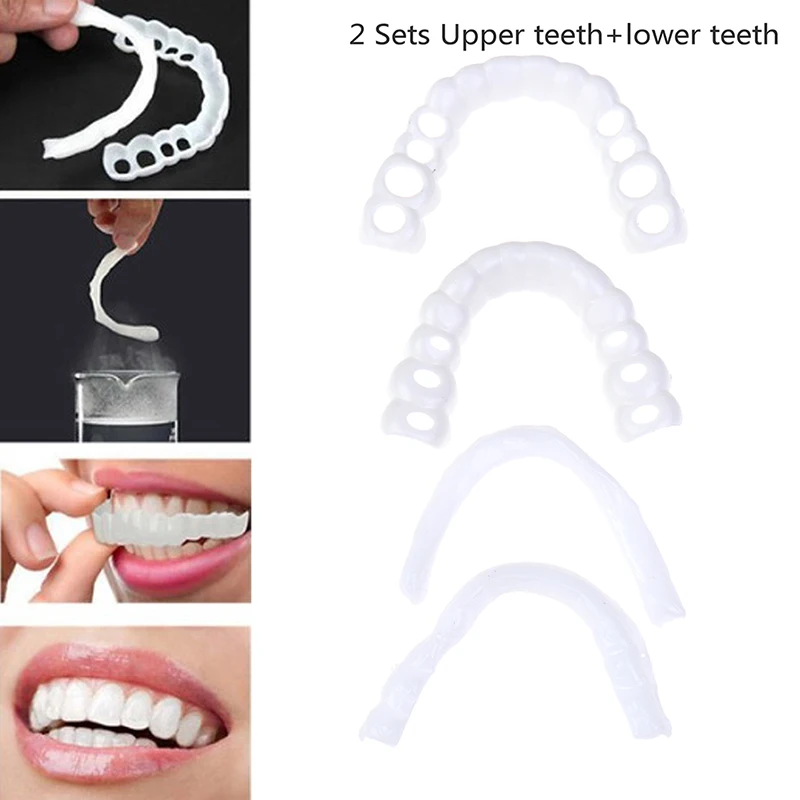 2 Set (2PCS Upper / 2PCS Lower) Whitening Fake Tooth Cover Comfort Fit Snap On Silicone Beauty Veneers Teeth Oral Hygiene Tools
