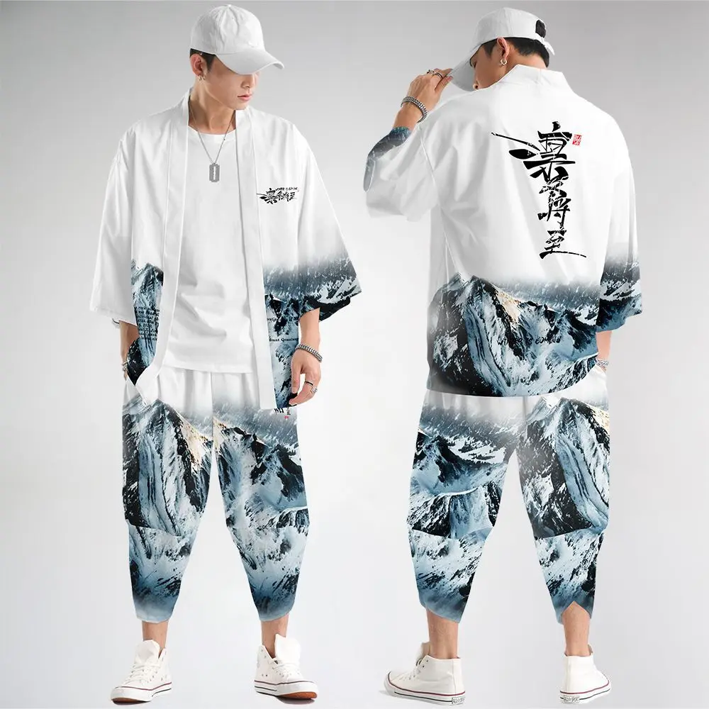 Men Traditional Clothes Kimonos White Print Japanese Kimono Cardigan Shirt Blouse for Men Yukata Robe And Pant Set