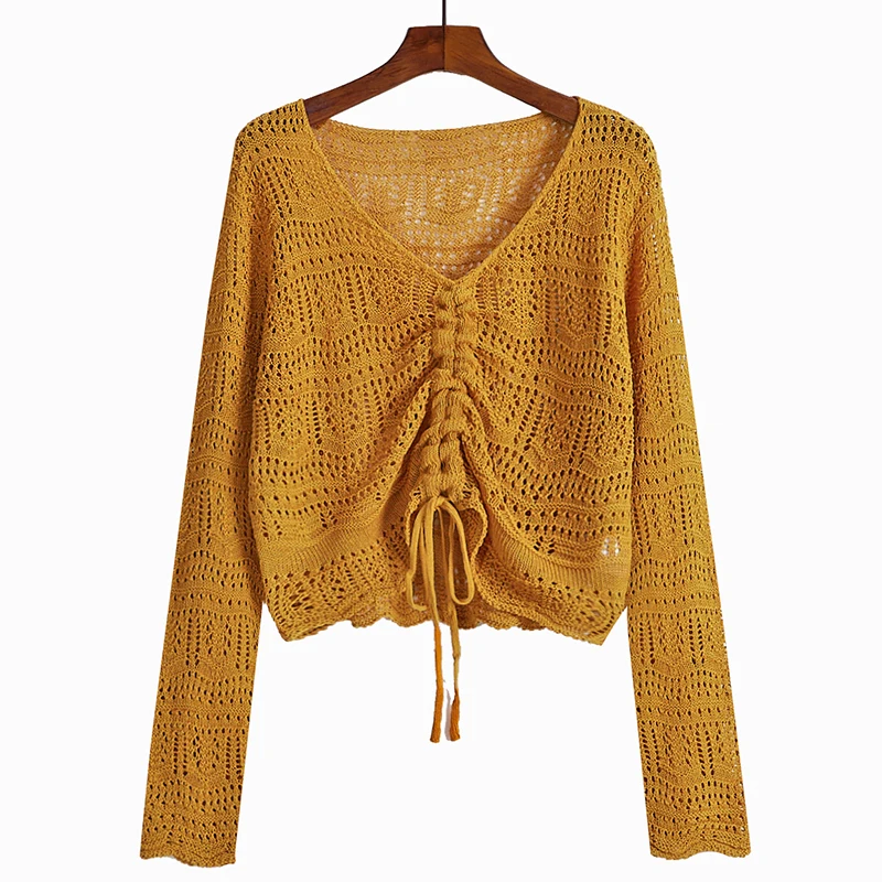 Tanie Jesień łuk sznurek dzianiny bluzka krem do opalania topy cienkie stałe Sexy bluzka z wycięciami z długim rękawem zielony top