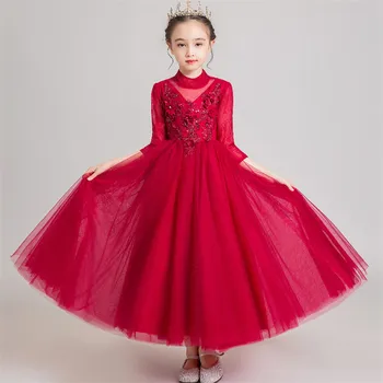 

New Children Girls Wine-red Standing Collar Birthday Wedding Party Princess Fluffy Dress Kids New Year Christmas Dress Clothing