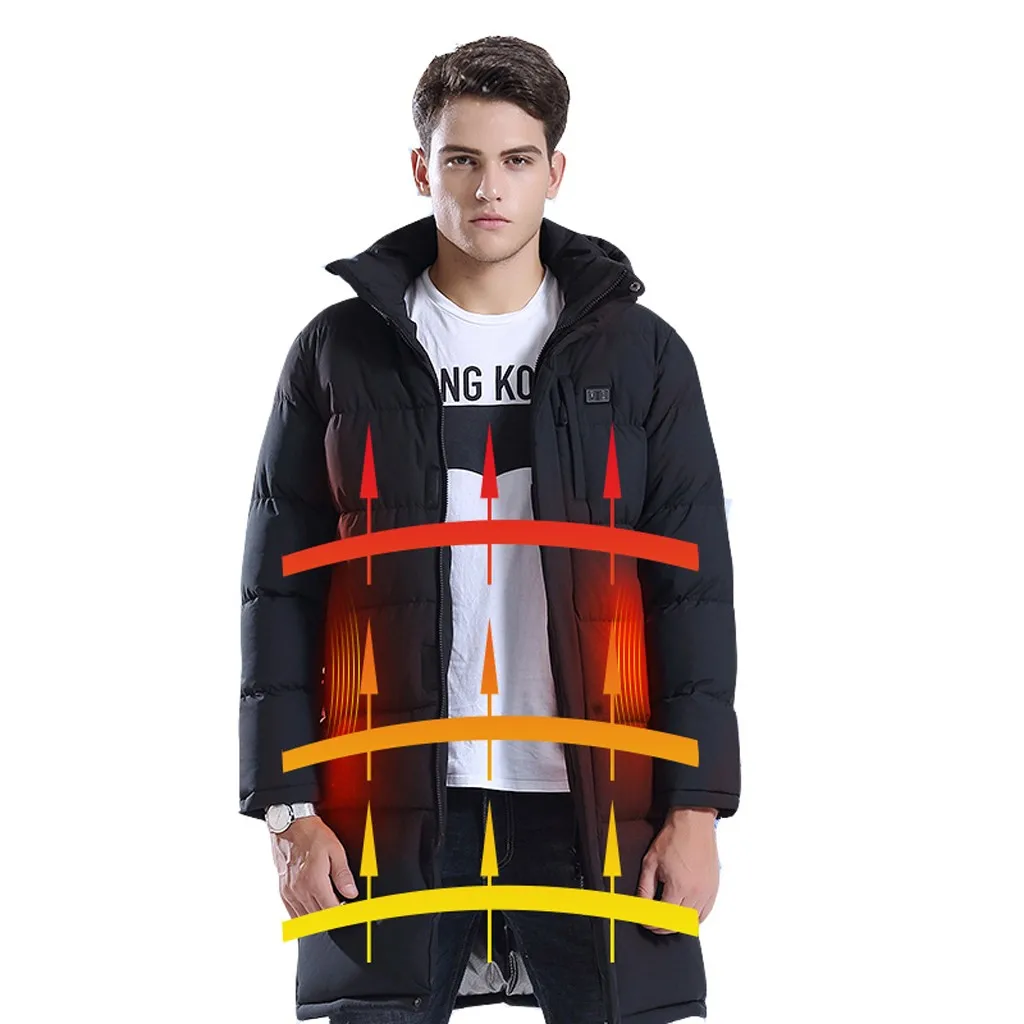 

Tide Men Heating Parka Tide Winter Jacket Men Warm Solid Color Smart USB Electric Heating Warm Down Zipper Long Coat