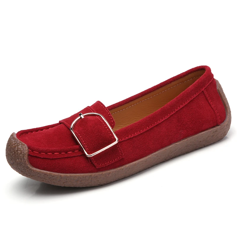 Обувь из коровьей замши на плоской подошве; женские мокасины без застежки из натуральной кожи; женские черные туфли на плоской подошве; легкие; большие размеры; Chaussure Femme - Цвет: Красный