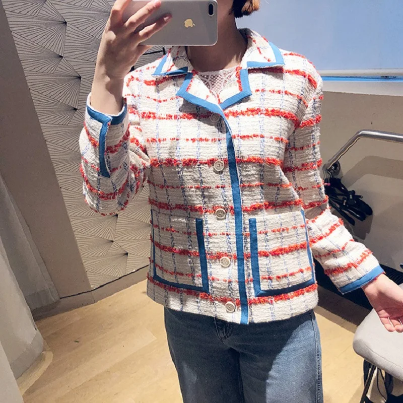 Sweet Plaid Print Women Jackets and Coats Runway Elegant Single Breasted Lady Short Jacket Overcoat Autumn Winter Clothes