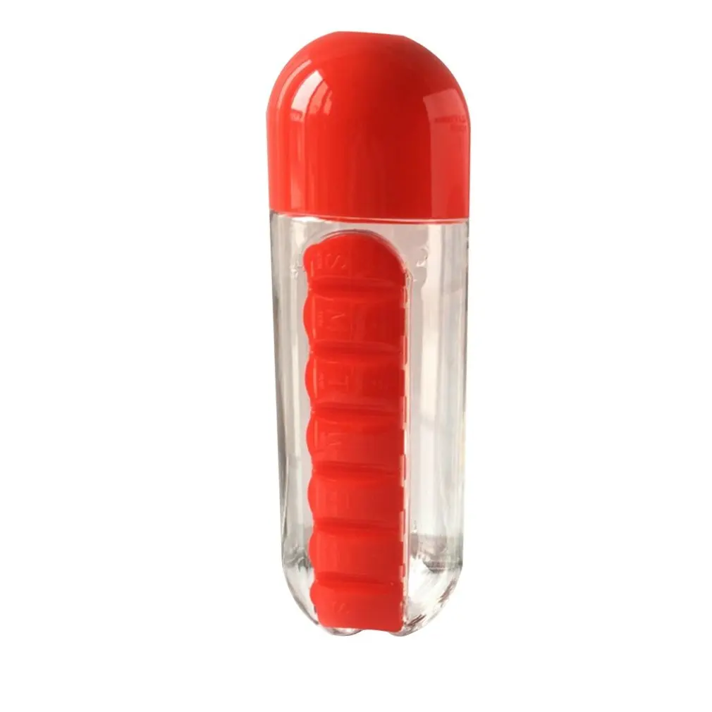 Outdoor Carrying Convenient Two-in-one Plastic Single-layer Cylindrical Water Bottle With Medicine Box Capsule Cup