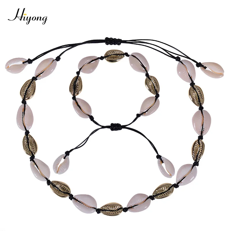 Натуральный корпус ожерелье и браслет набор для женщин ракушка регулируемое ожерелье-чокер Гавайский пляж Каури ожерелье из ракушек набор - Окраска металла: Shell Necklace-5