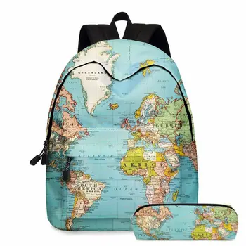 

2pcs World Map Printing Backpack Girls Bookbag Laptop School Bag Travel Daypack Student Mochilas with Pencil Case