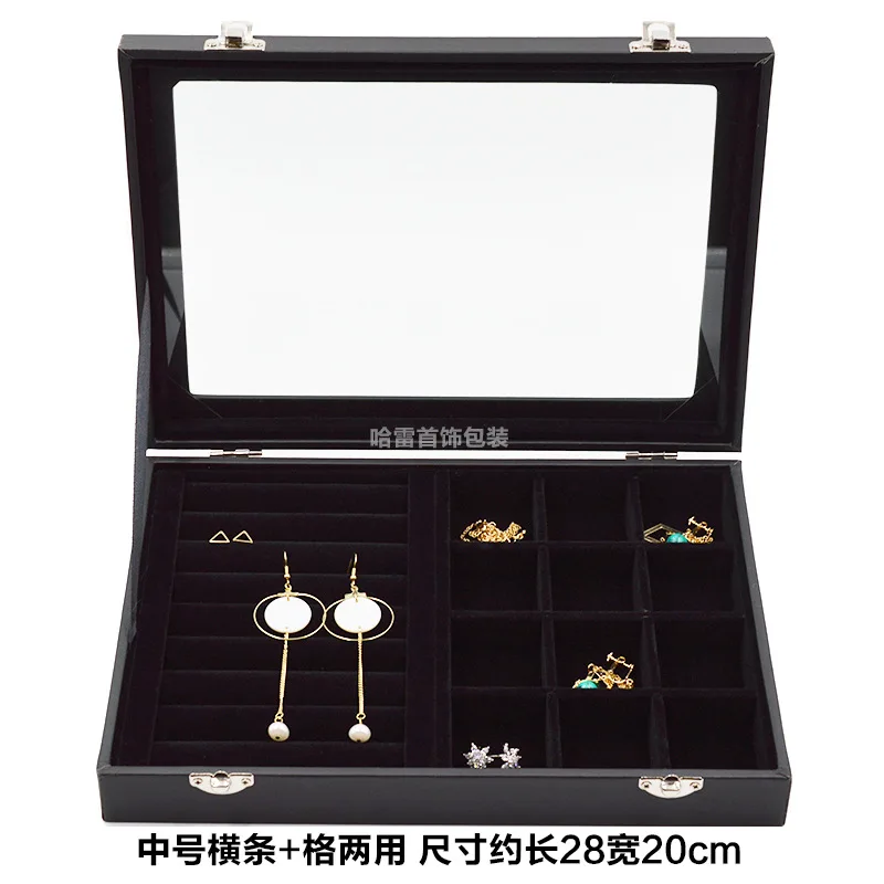 Средняя бархатная черная сумочка со стеклянной крышкой Ювелирное кольцо Дисплей Коробка лоток стойка коробка для хранения Органайзер